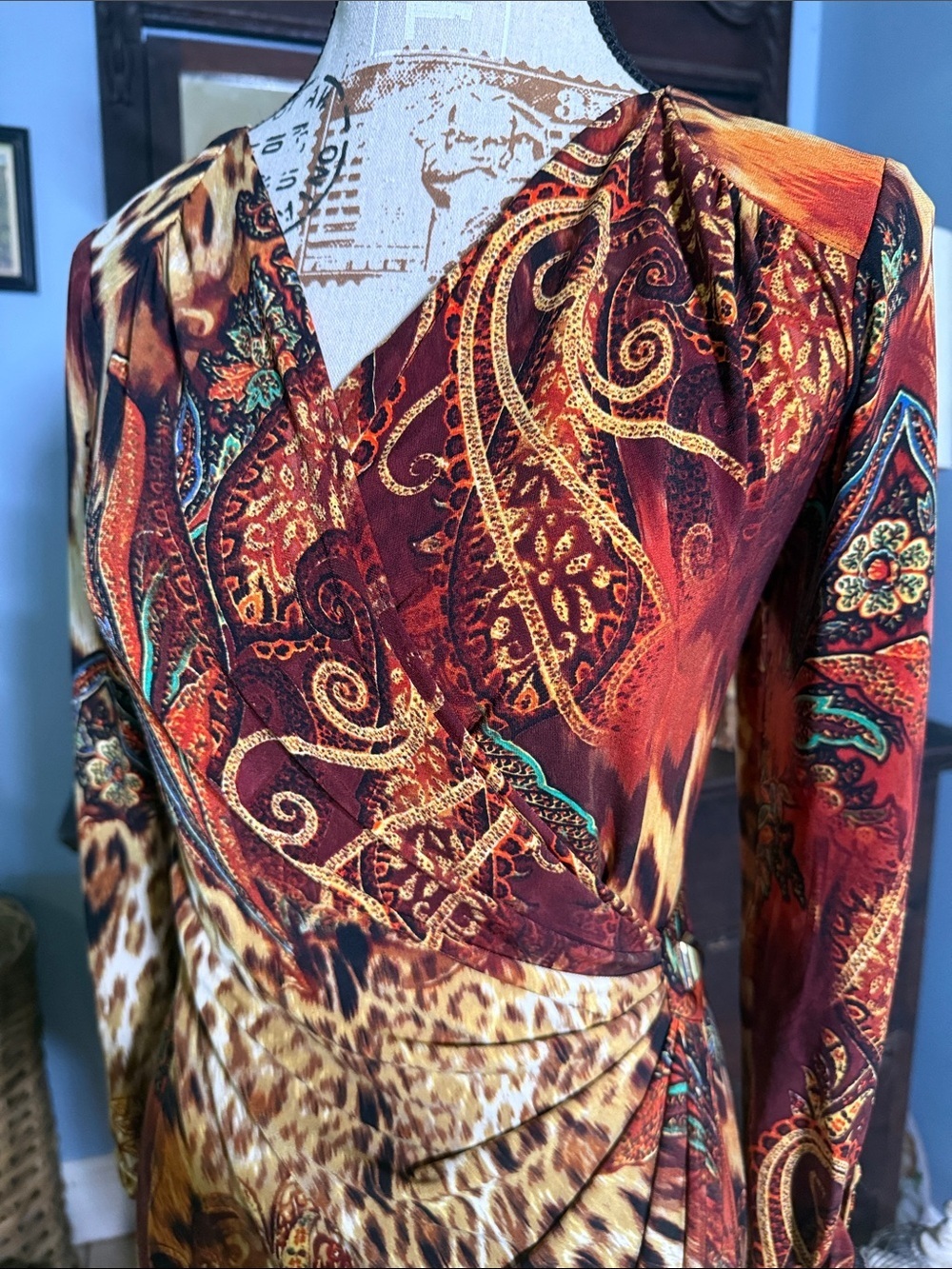 Vintage Cache Leopard Paisley Ruched Faux Wrap Dress Medium - Picture 4 of 14